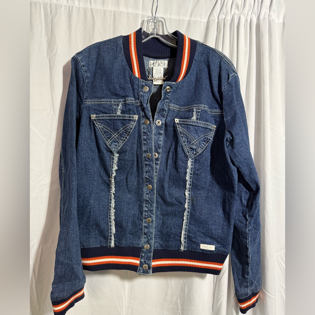 Baby Phat Jacket Varsity Bomber Jean Denim Snap Rib Knit Stripes Size L (Gbqltx)